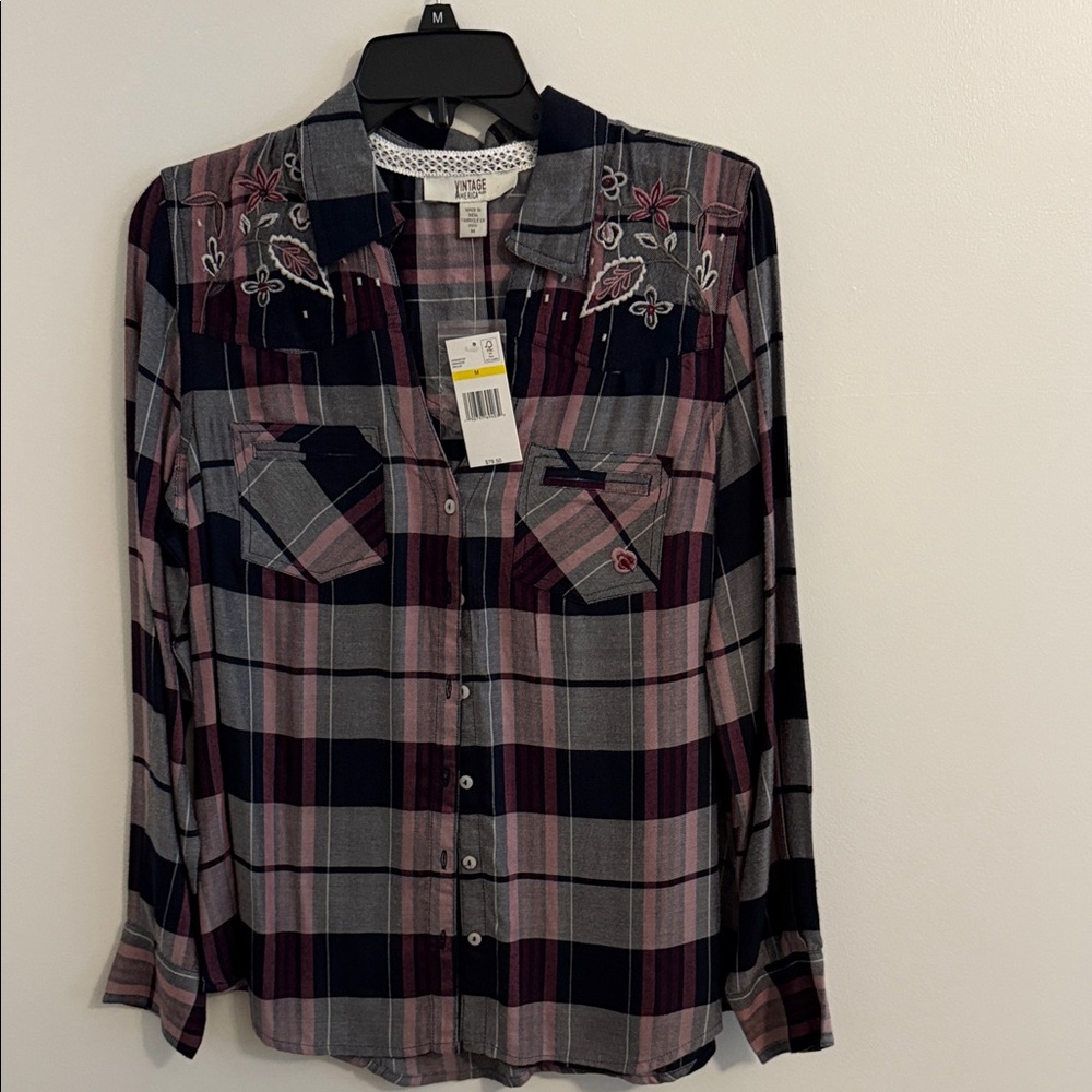 Vintage America Blues Plaid Shirt with Lace Detail